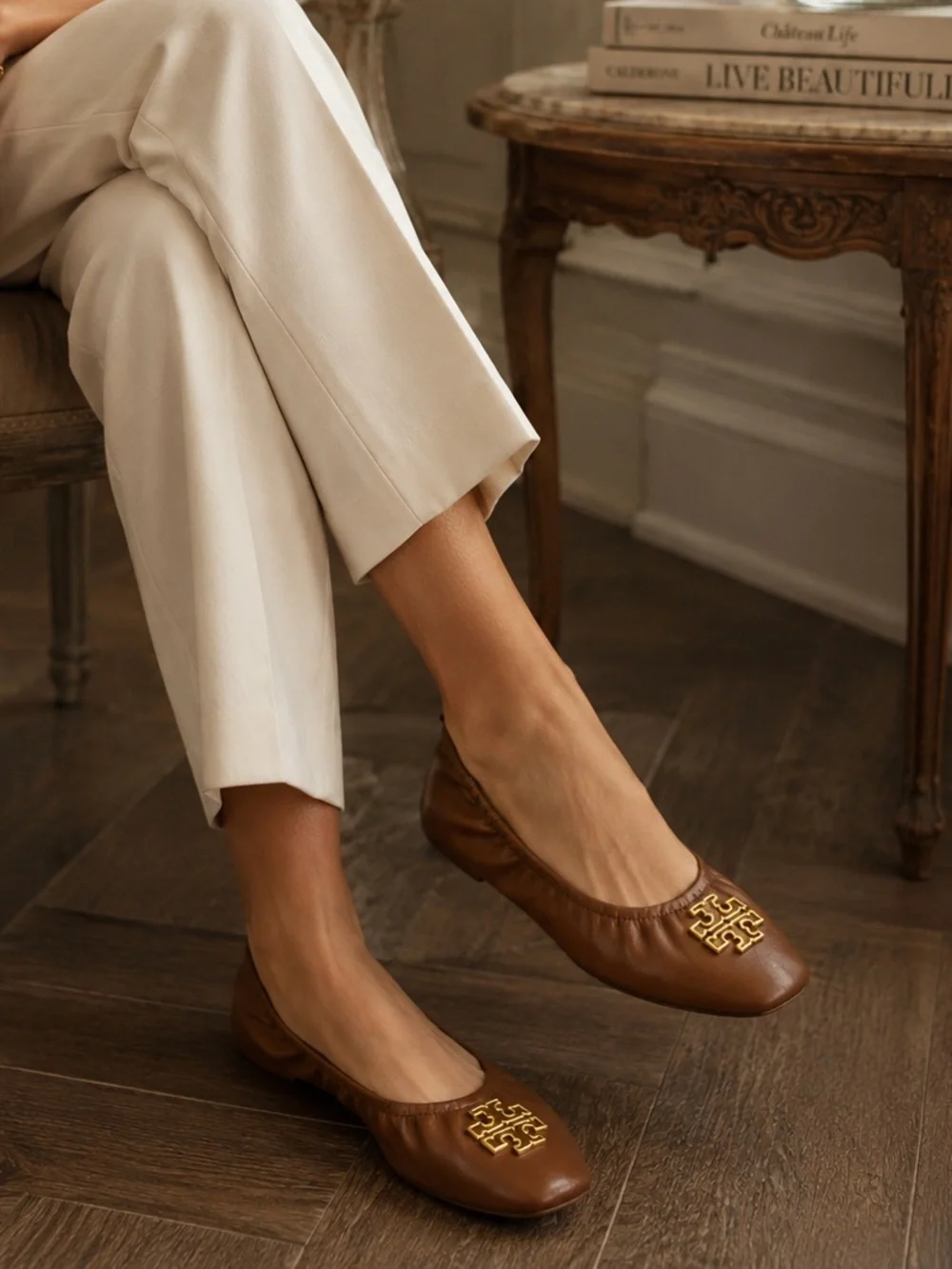 TORY BURCH Britten Flats in Moose Cognac Brown Leather | Size 9.5